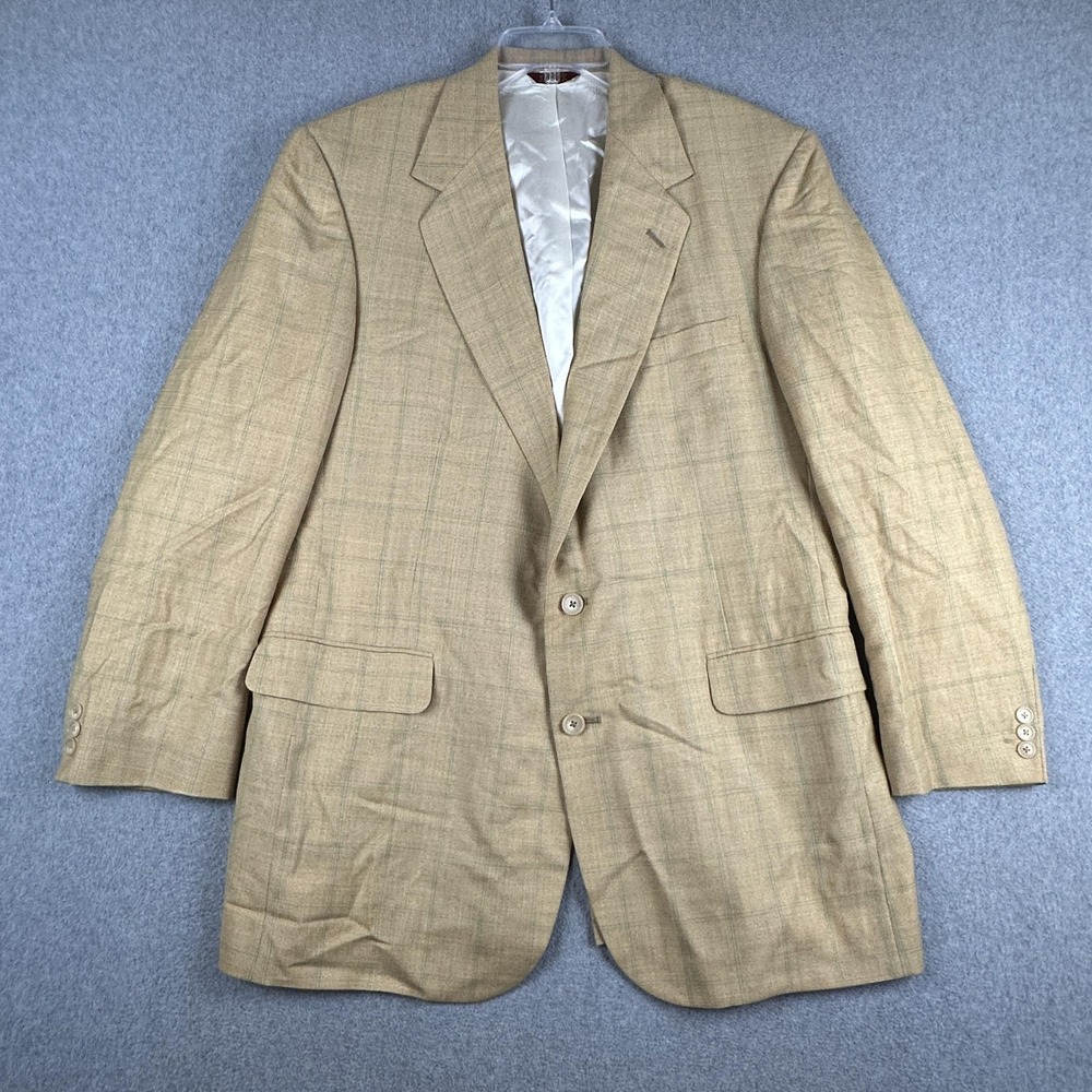 Vintage Corbin Blazer Mens 44L Beige Wool Plaid Sport Coat Suit Jacket USA